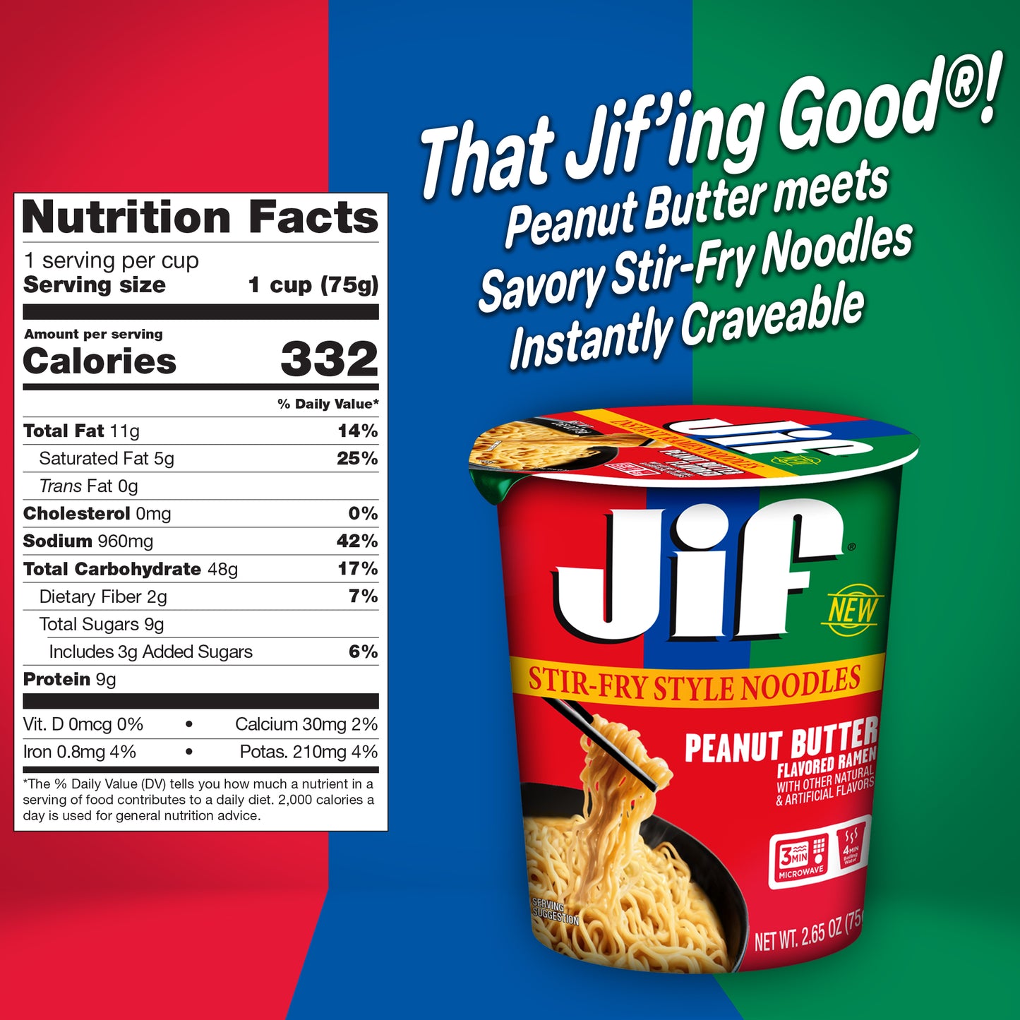 Jif Stir-Fry Style Noodles, Peanut Butter Flavored - Microwavable Cup, 2.65 oz. (75g), 6-Pack