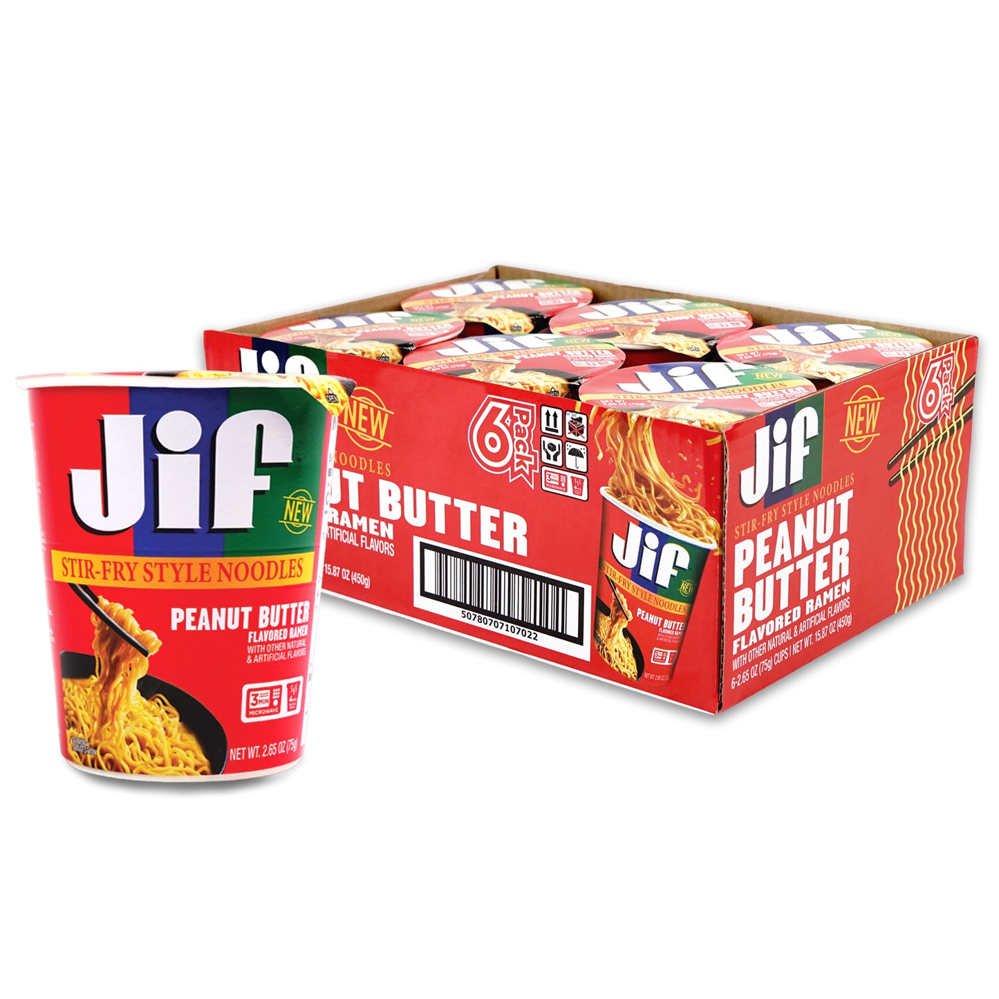 Jif Stir-Fry Style Noodles, Peanut Butter Flavored - Microwavable Cup, 2.65 oz. (75g), 6-Pack
